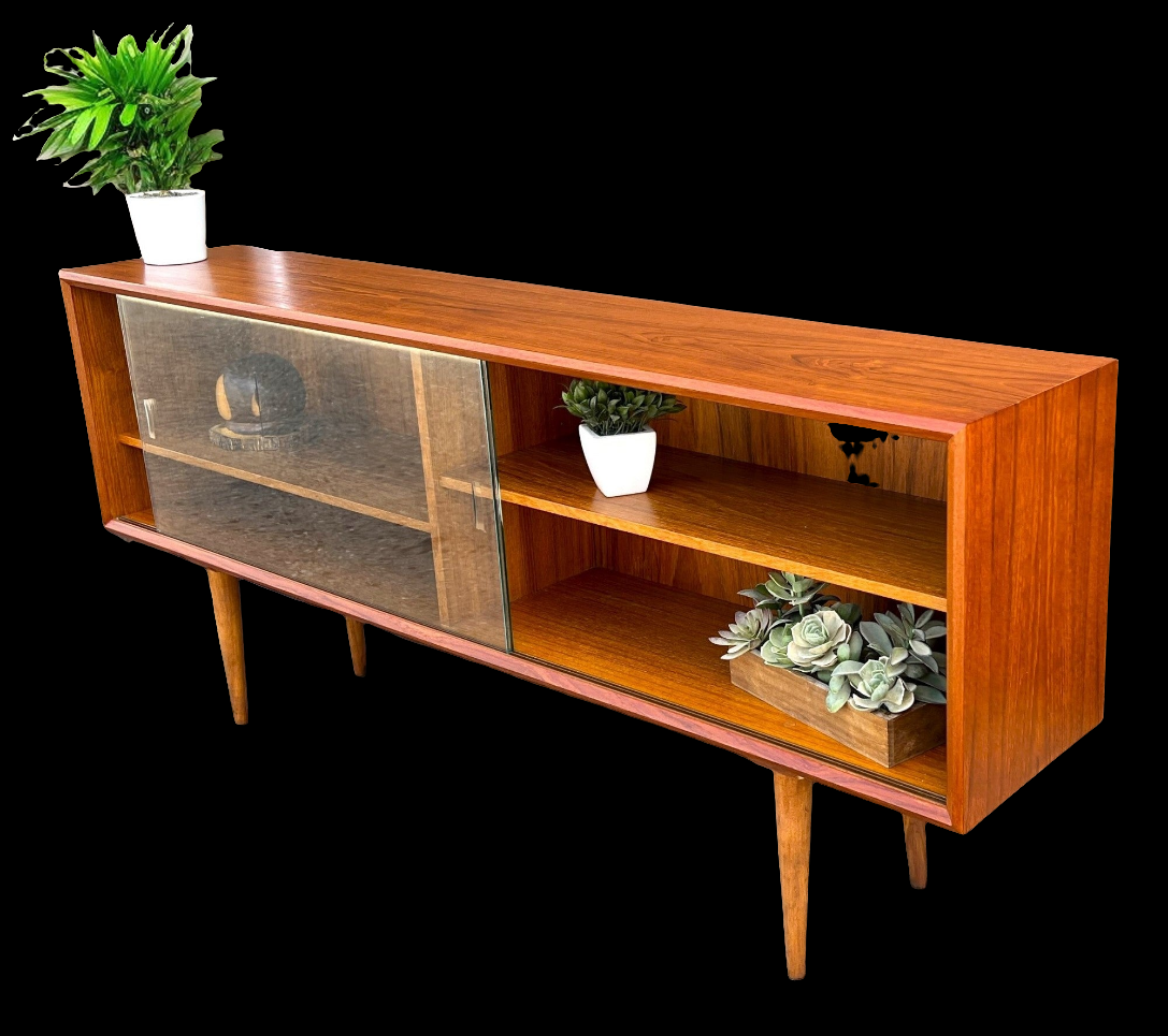 REFINISHED Danish MCM Teak Display by Faarup w Finished Back 59"