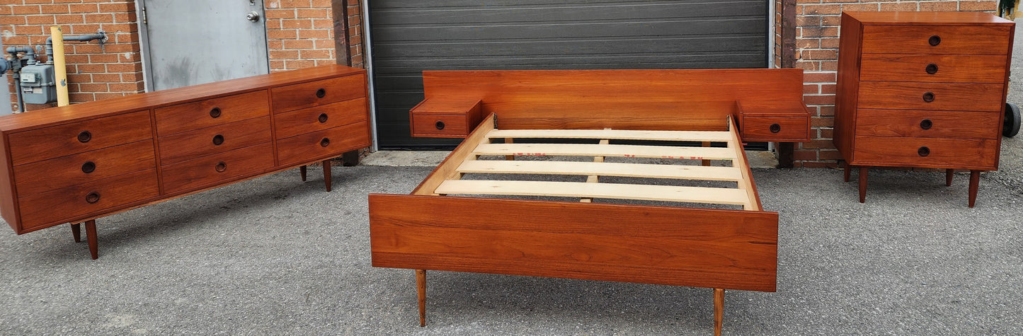 REFINISHED Mid Century Modern Teak Bedroom set (Queen Bed w Nightstands & 2 Dressers)