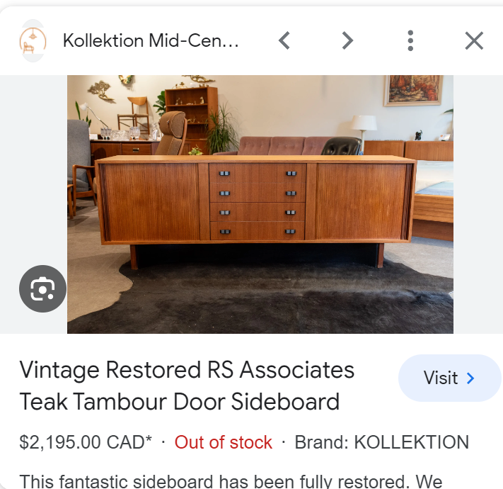 REFINISHED Mid Century Modern Teak Credenza w Tambour Door by RS Associates 78"