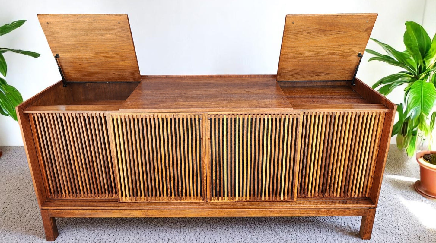 REFINISHED Mid Century Modern Walnut Stereo Console w Finished Back