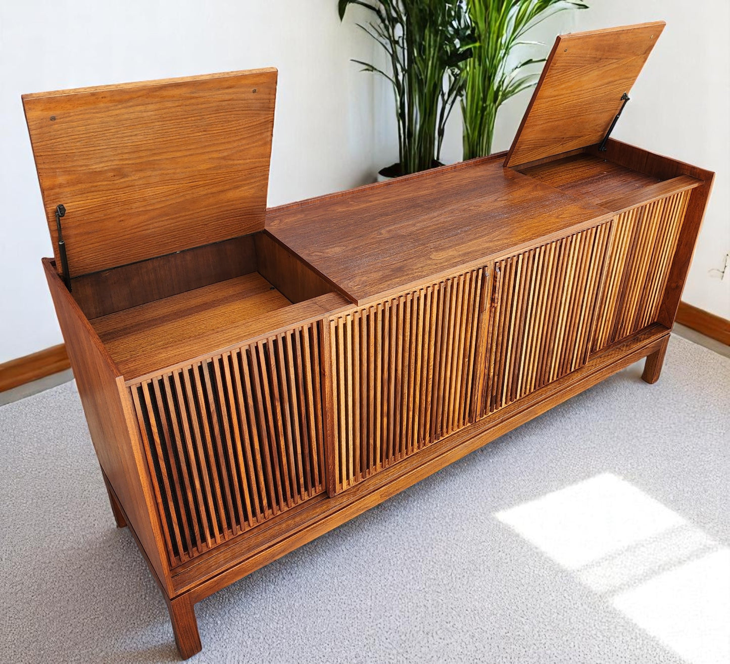 REFINISHED Mid Century Modern Walnut Stereo Console w Finished Back