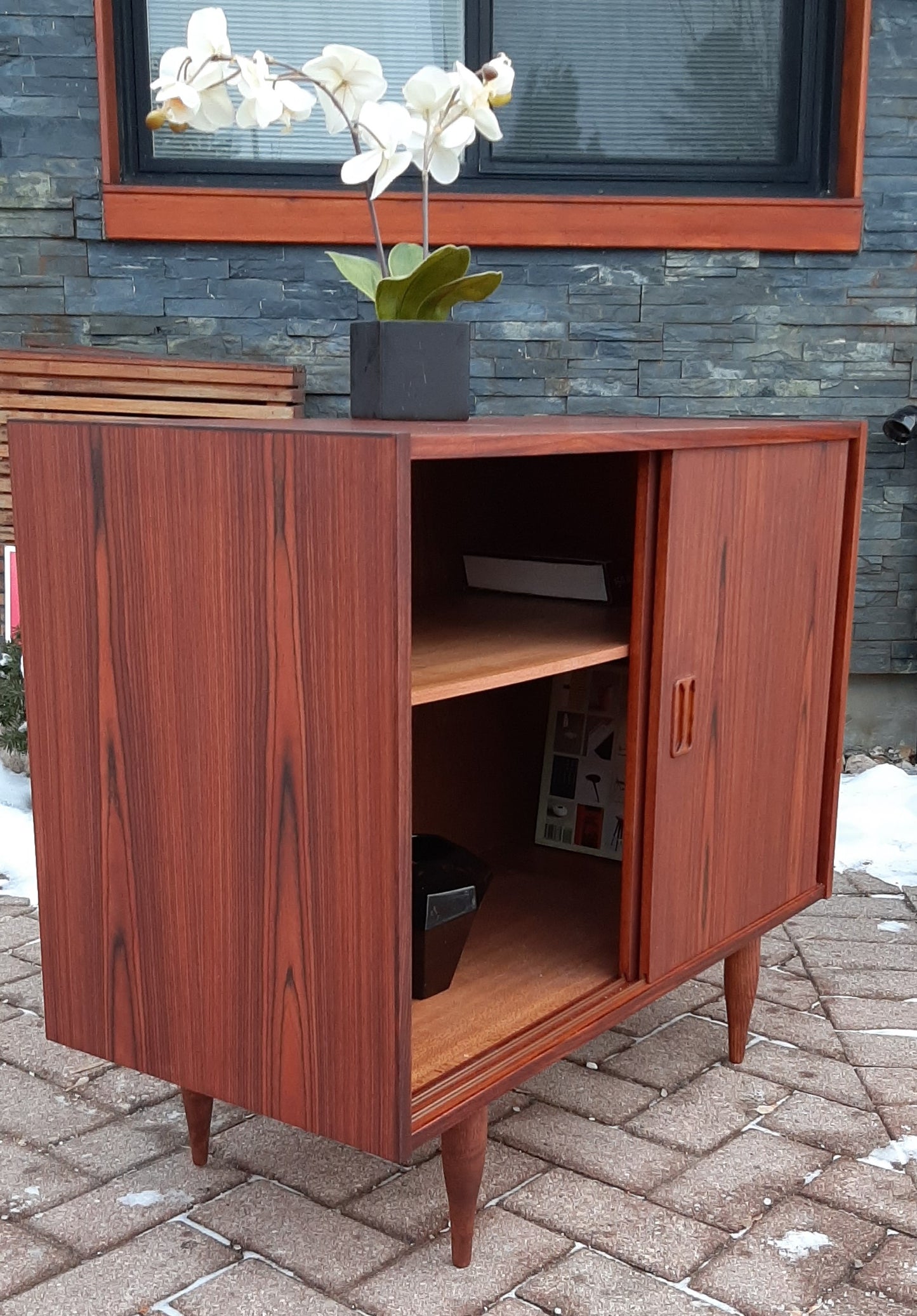 REFINISHED Danish MCM Rosewood Cabinet with sliding doors, compact 34", perfect - Mid Century Modern Toronto