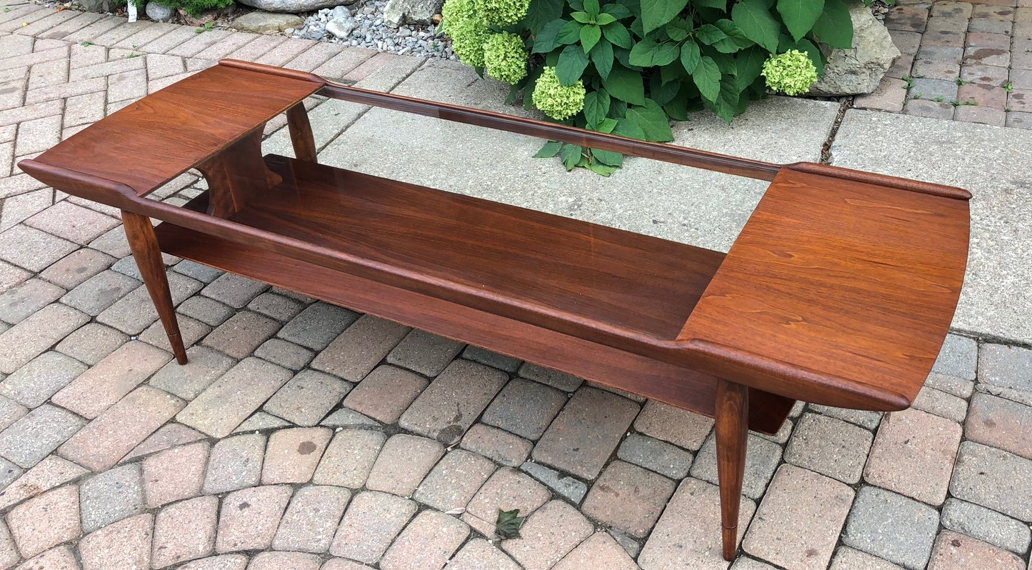 ON HOLD REFINISHED MCM Walnut & Glass 2 Tier Coffee Table 59.5" - Mid Century Modern Toronto