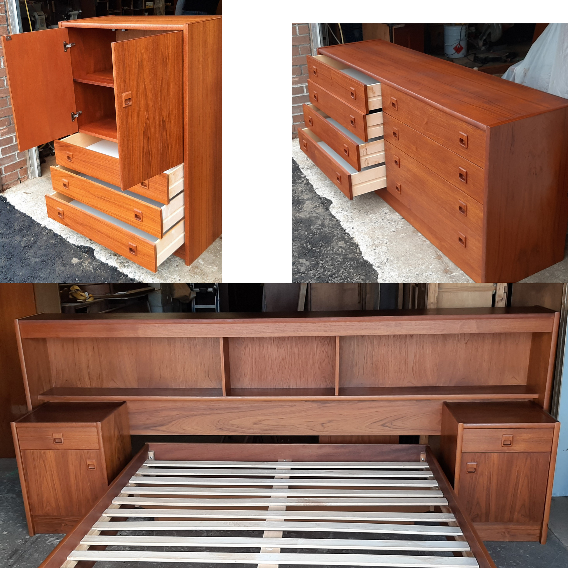 REFINISHED MCM Teak Dresser 8 Drawers, Wardrobe , 2 Nigh Stands, Queen Bed w Bookcase Headboard, PERFECT - Mid Century Modern Toronto