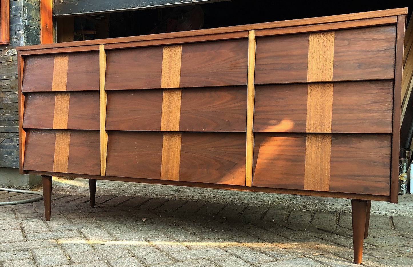 REFINISHED MCM Walnut Dresser w 9 louvered drawers 5ft PERFECT