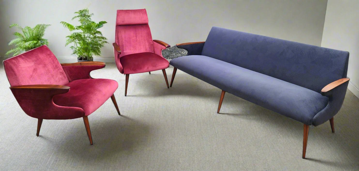 REFINISHED REUPHOLSTERED Mid Century Modern L. Tiengo Sofa & 2 Lounge Chairs