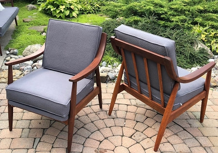REFINISHED REUPHOLSTERED MCM Walnut Lounge Chairs Grey, each $599 (buy both or just one) - Mid Century Modern Toronto