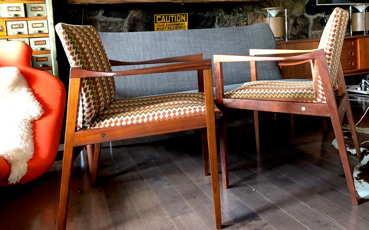 A Pair of REFINISHED REUPHOLSTERED MCM Walnut Armchairs by Walter Nugent, each $499 - Mid Century Modern Toronto