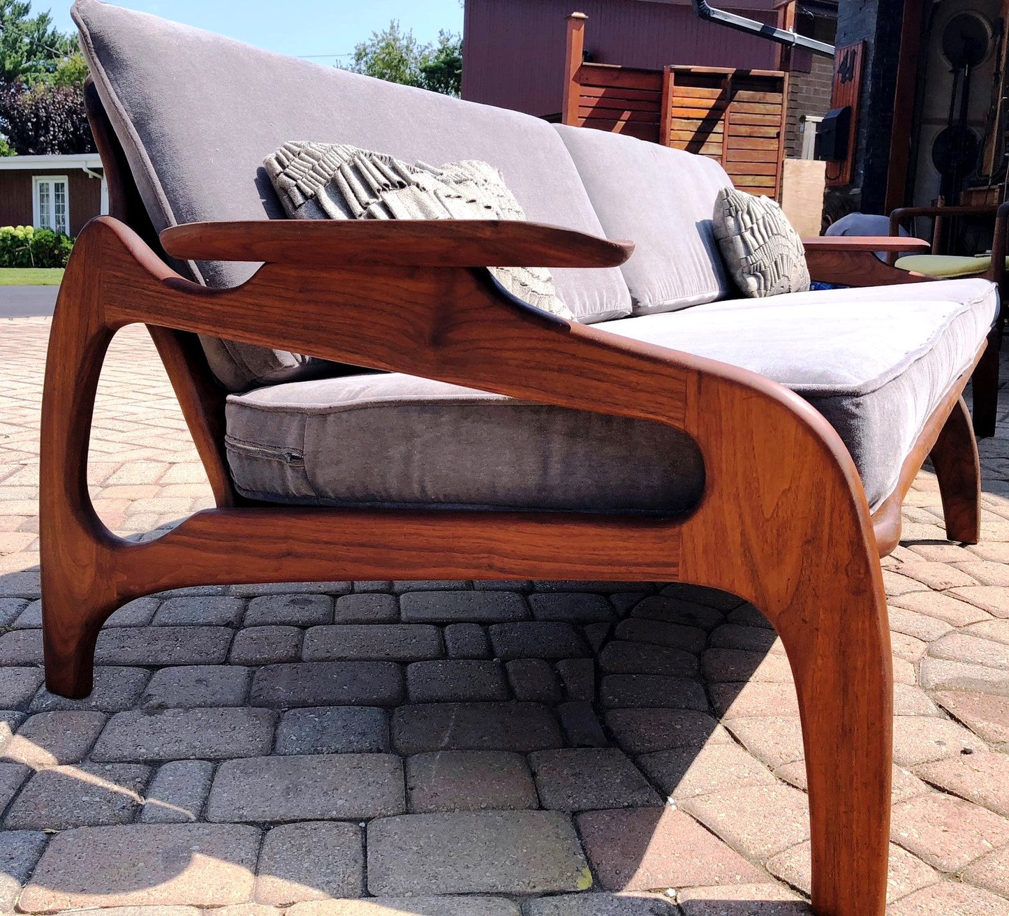 ON HOLD REFINISHED REUPHOLSTERED Adrian Pearsall Sofa Walnut & Grey Velvet 100" - Mid Century Modern Toronto