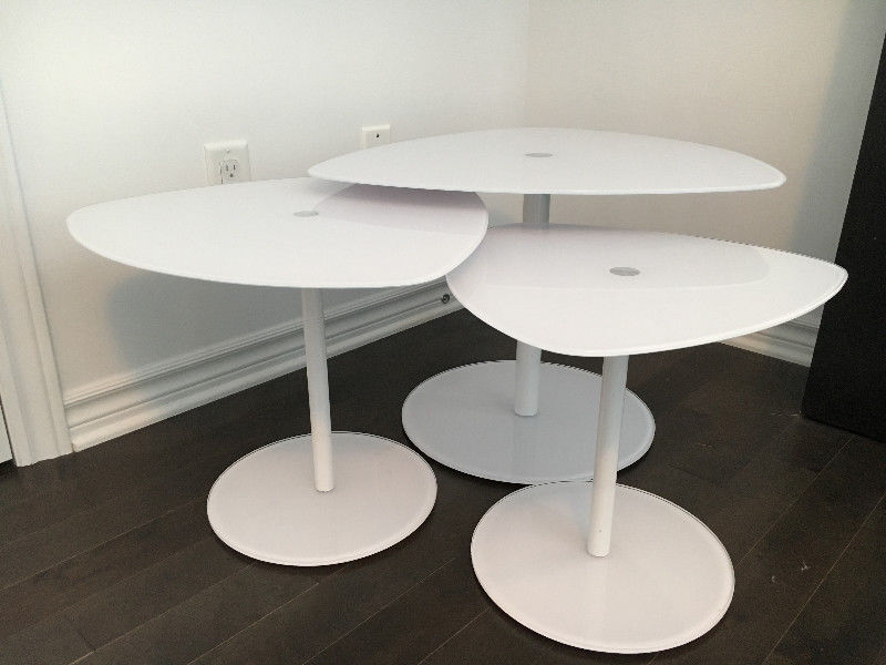 Mid Century Modern White Glass Tulip Accent Tables, set of 3, like new - Mid Century Modern Toronto