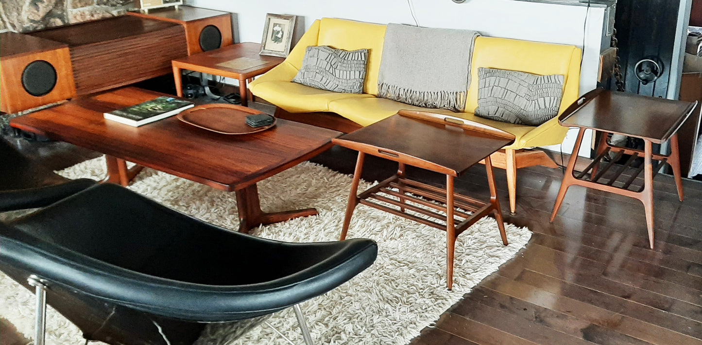 2 REFINISHED Mid Century Modern Walnut tray- style end tables, Perfect