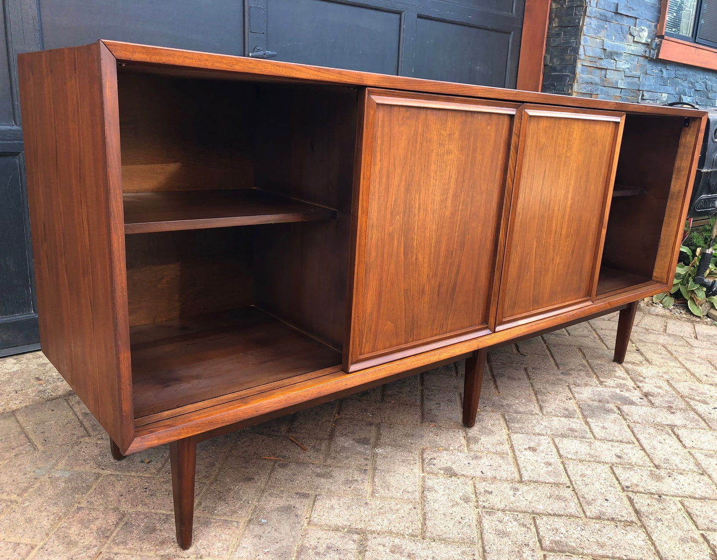REFINISHED MCM Walnut Credenza w sliding doors 68" - Mid Century Modern Toronto