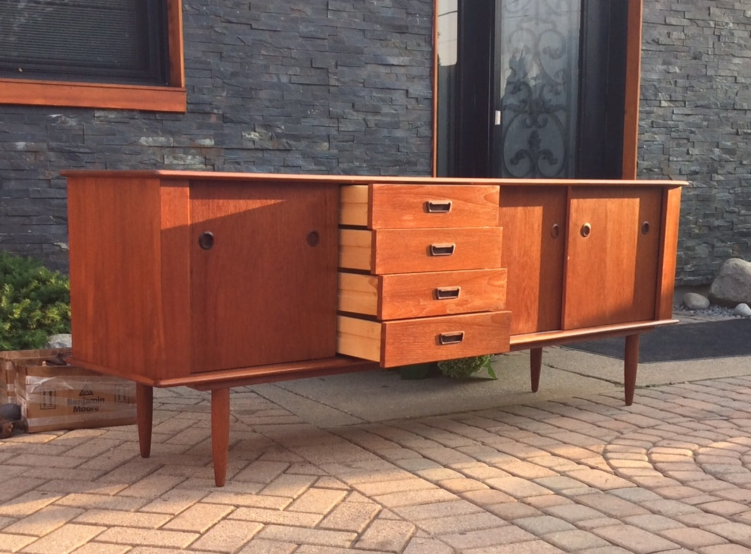 REFINISHED Danish Mid Century Modern Teak Sideboard Buffet TV Media Record Console 7 ft - Mid Century Modern Toronto
