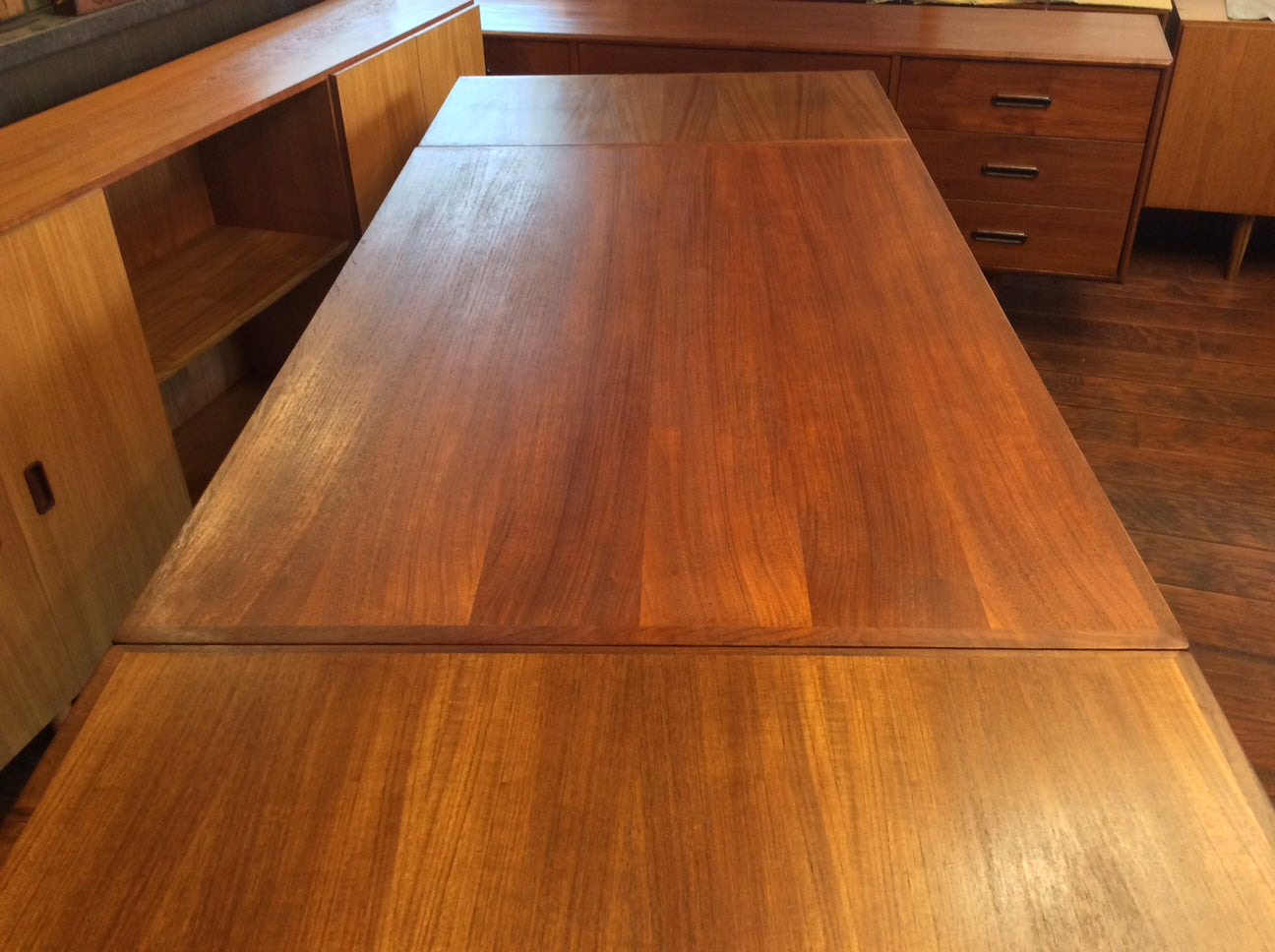 REFINISHED Danish Mid Century Modern Teak Floating Draw Leaf Dining Table - Mid Century Modern Toronto