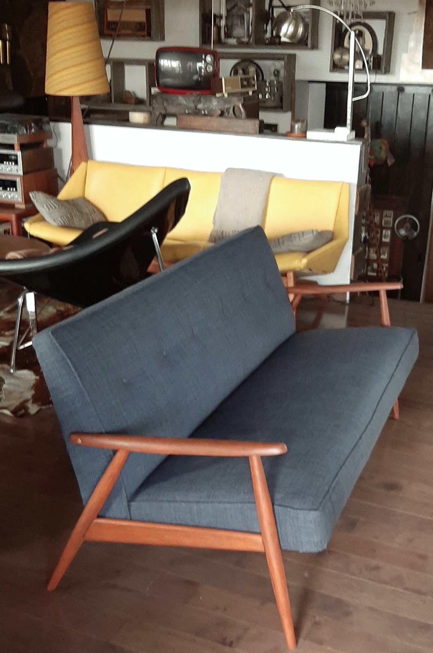 REFINISHED MID Century Modern 3-Seater Sofa w NEW navy/grey wool upholstery, PERFECT - Mid Century Modern Toronto