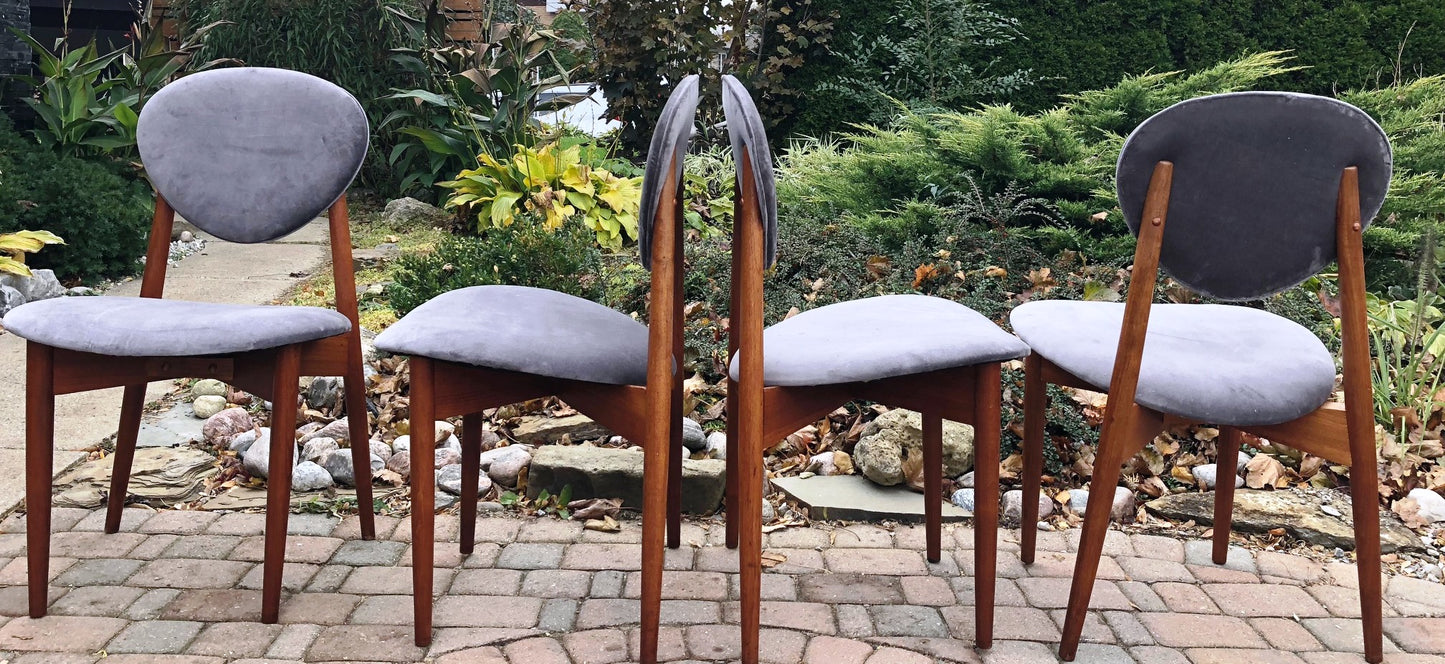 4 REUPHOLSTERED MCM Teak Chairs, grey velvet, each $ 185 only - Mid Century Modern Toronto