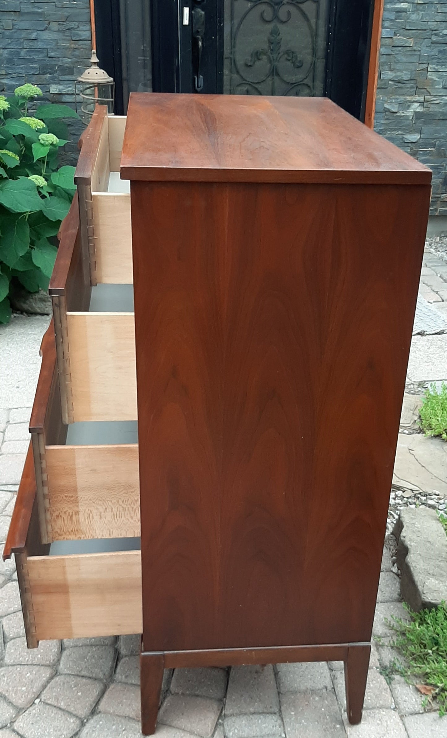 REFINISHED MCM Walnut Bedroom set compact: Dresser 9 drawers, Tallboy, 2 nightstands