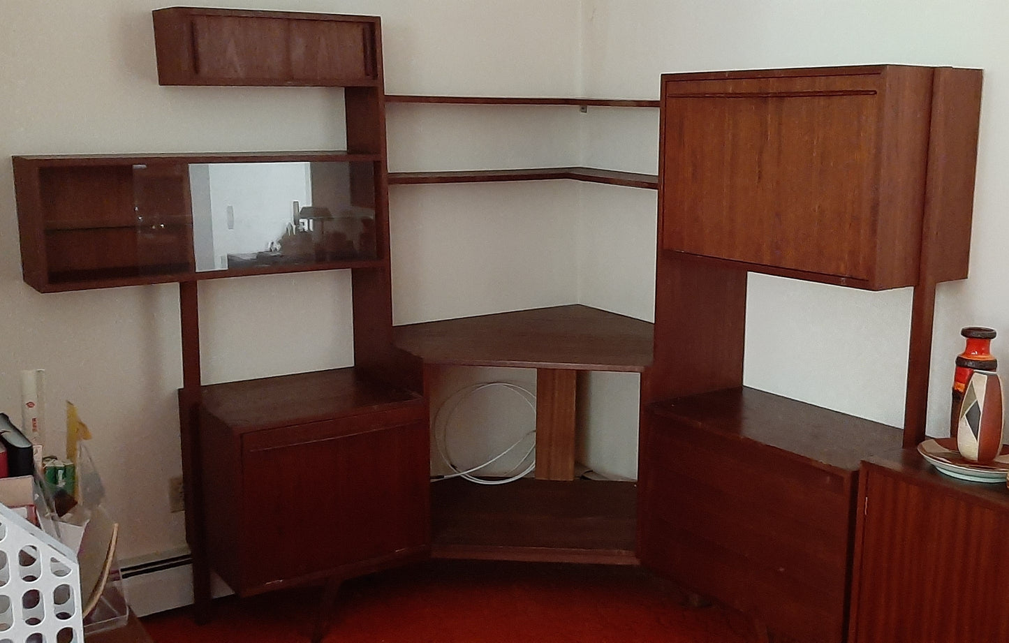 REFINISHED Mid Century Modern Teak Corner Multi-Cabinet Storage & Display System