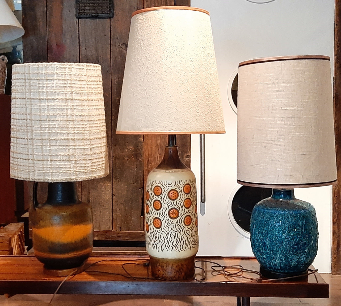 Set of 2 Large Mid Century Modern Orange Pottery Lamps, H 34" (including shades)