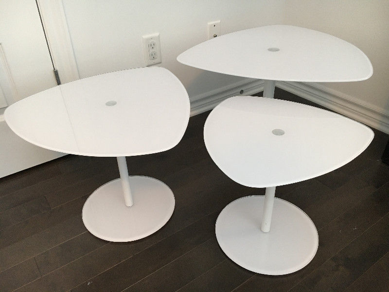 Mid Century Modern White Glass Tulip Accent Tables, set of 3, like new - Mid Century Modern Toronto