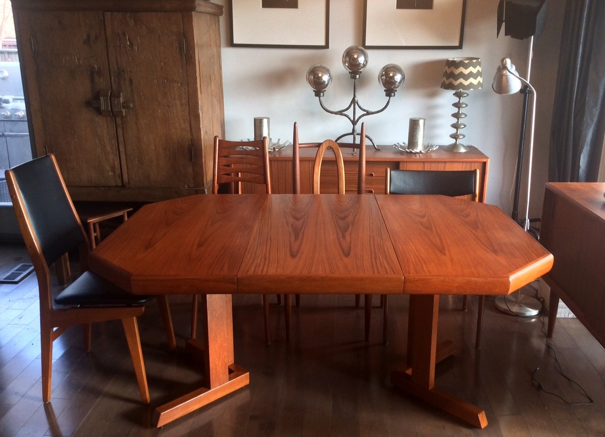 REFINISHED Mid Century Modern Teak Dining Table Octagonal with 3 Leaves - Mid Century Modern Toronto