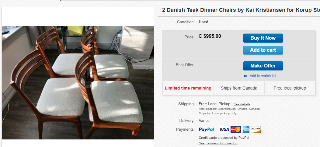 4 MCM Teak Chairs by Kai Kristiansen for KS REFINISHED REUPHOLSTERED l.grey wool, each $375, PERFECT - Mid Century Modern Toronto