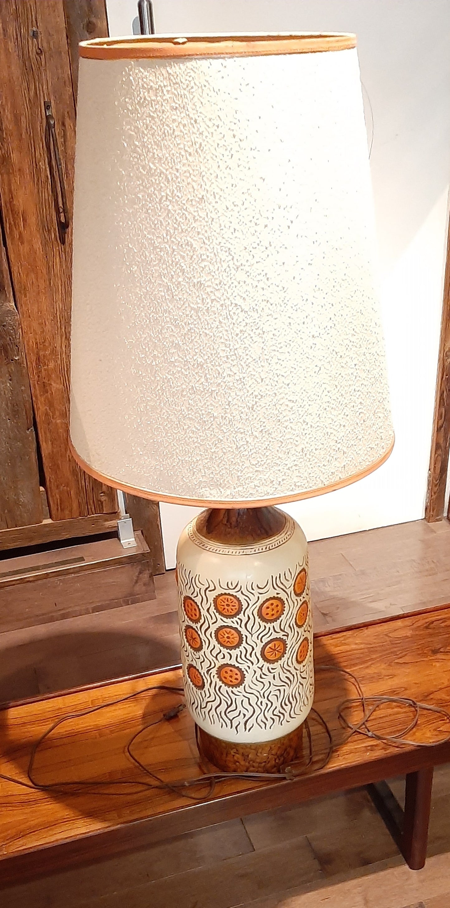Large Mid Century Modern Orange Pottery Lamp, H 42" (including shade)