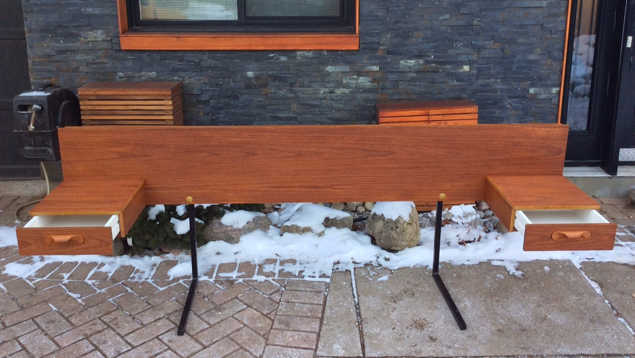 Mid Century Modern Teak Headboard with Floating Drawers Queen REFINISHED - Mid Century Modern Toronto