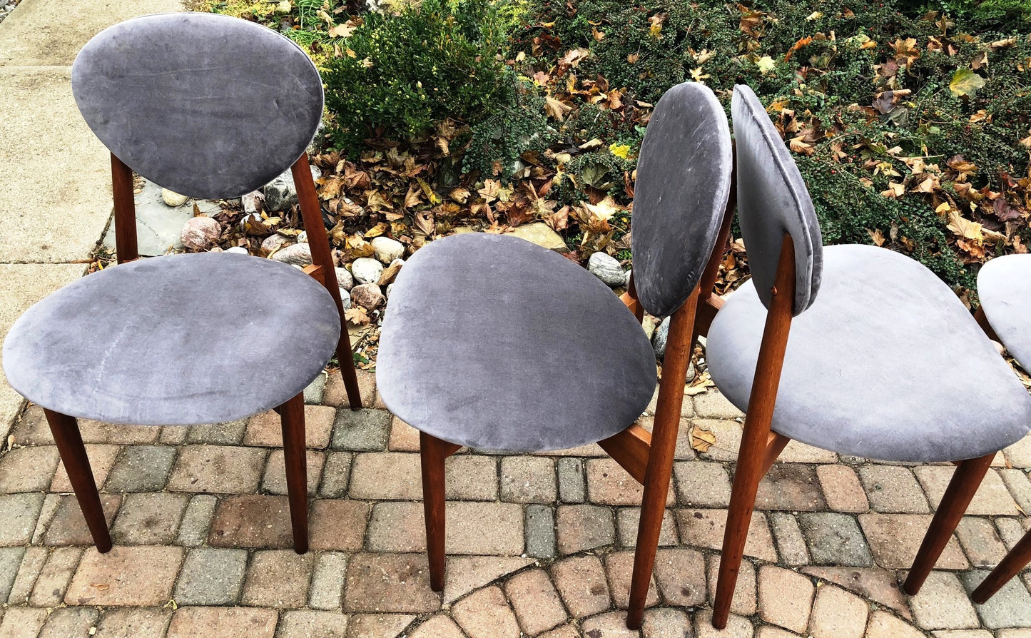 4 REUPHOLSTERED MCM Teak Chairs, grey velvet, each $ 185 only - Mid Century Modern Toronto