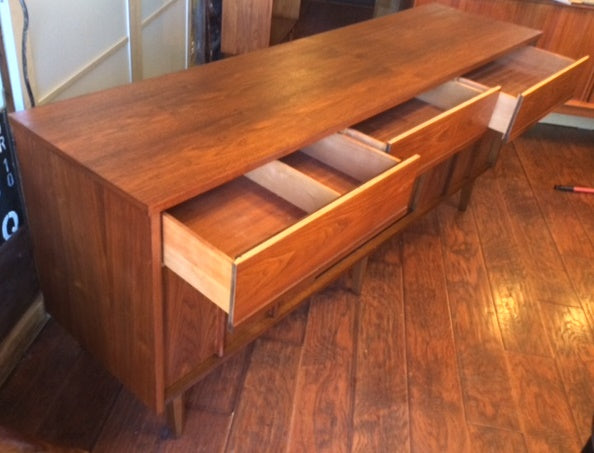 REFINISHED MCM Walnut Sideboard w Sliding Doors 74" - Mid Century Modern Toronto