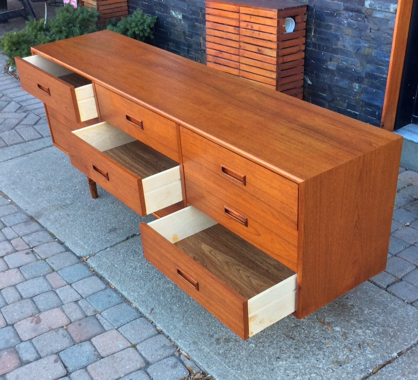 REFINISHED Mid Century Modern Teak Dresser 9 Drawers - Mid Century Modern Toronto