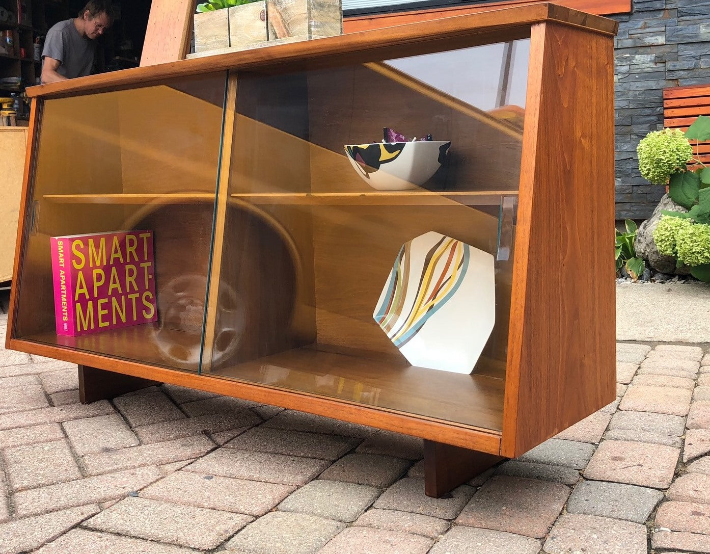 REFINISHED MCM Walnut Display Low w glass doors 46 " - Mid Century Modern Toronto