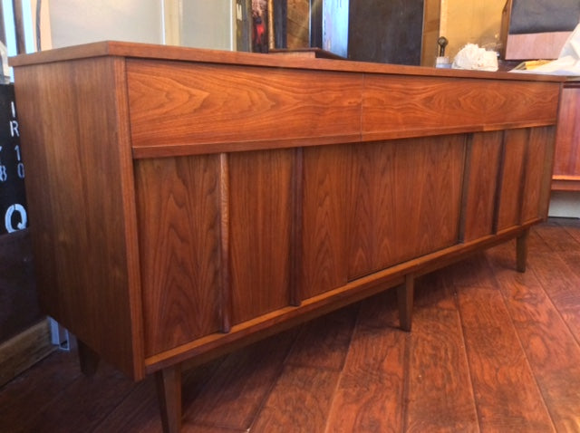 REFINISHED MCM Walnut Sideboard w Sliding Doors 74" - Mid Century Modern Toronto