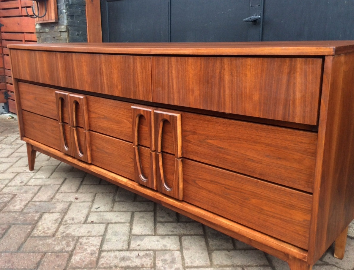 REFINISHED Sculptural Mid Century Modern Walnut Credenza Dresser 9 Drawers - Mid Century Modern Toronto