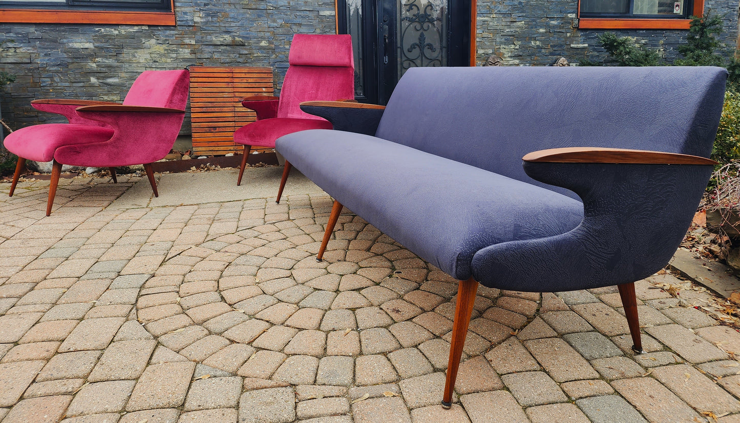 REFINISHED REUPHOLSTERED Mid Century Modern L. Tiengo Sofa & 2 Lounge Chairs