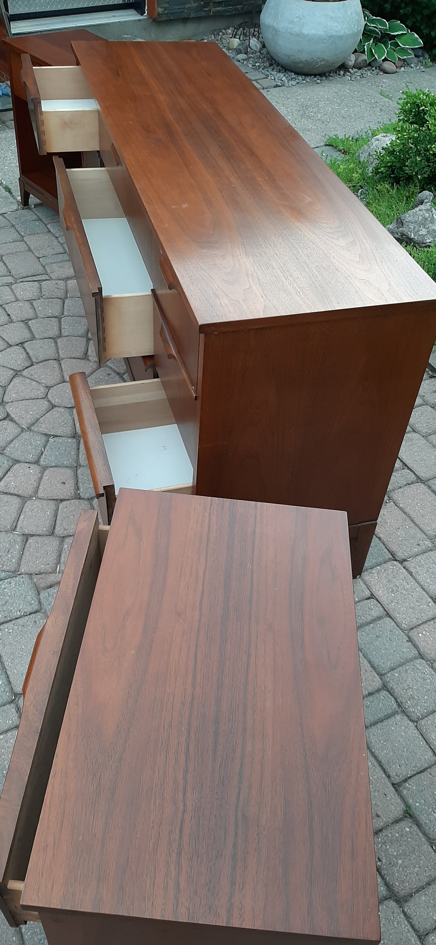 REFINISHED MCM Walnut Bedroom set compact: Dresser 9 drawers, Tallboy, 2 nightstands