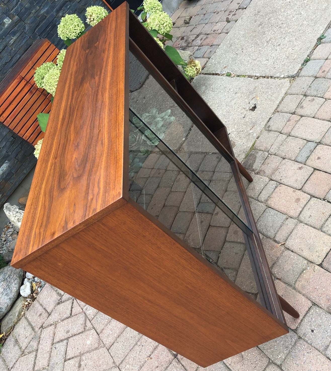 REFINISHED MCM Walnut Display China Console w sliding glass doors 40" - Mid Century Modern Toronto