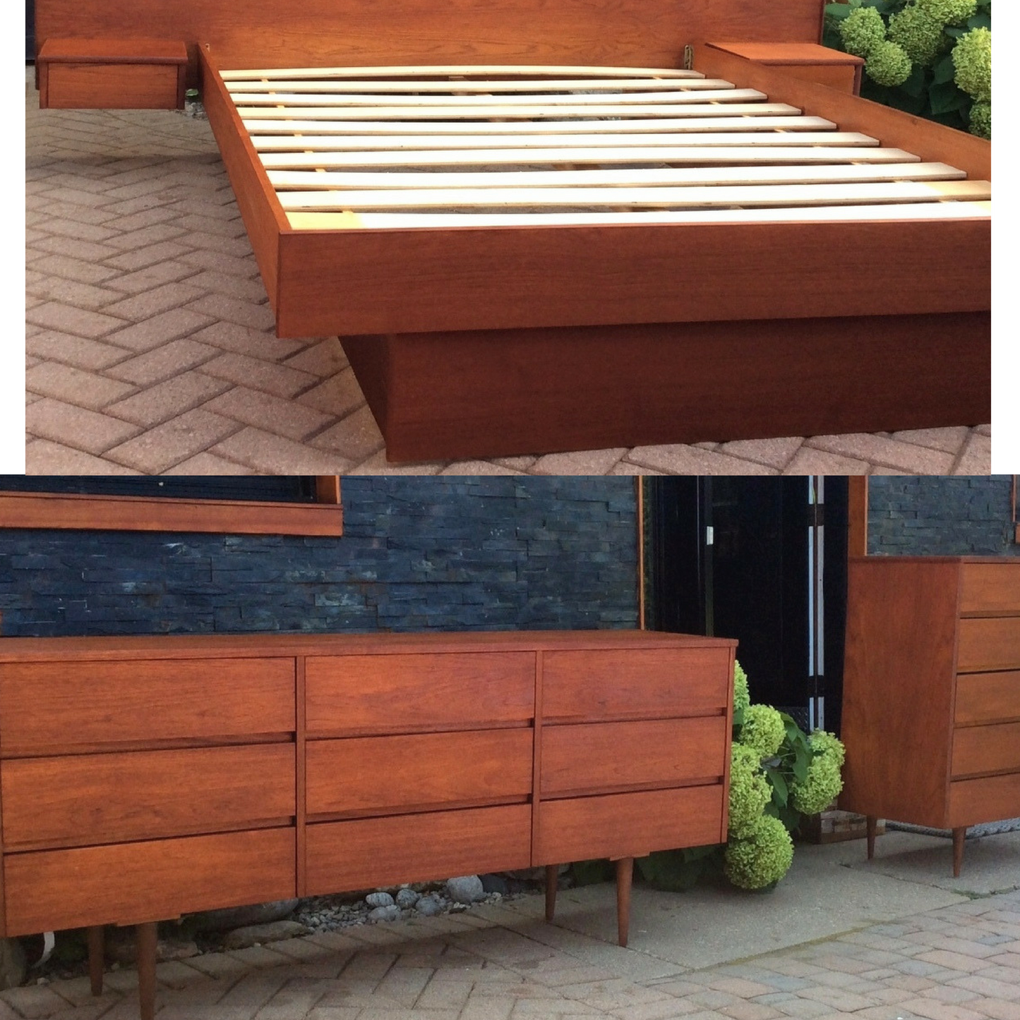 REFINISHED BEDROOM SET Mid-Century Modern Teak Platform Bed Queen w Floating Night Stands, 9 drawers Dresser, Tallboy 5 drawers - Mid Century Modern Toronto
