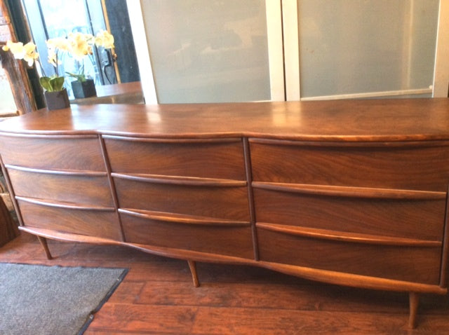 REFINISHED MCM Walnut Dresser Wavy Front 80" - Mid Century Modern Toronto