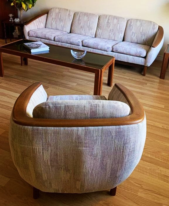 MCM Huber Barrel Back Teak Sofa & Lounge Chair, will be REFINISHED & REUPHOLSTERED