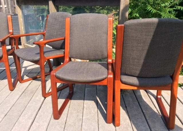 6 MCM Teak Chairs (2 arm, 4 side) Sleigh Base, REUPHOLSTERED, grey $199 each on Super Sale - Mid Century Modern Toronto