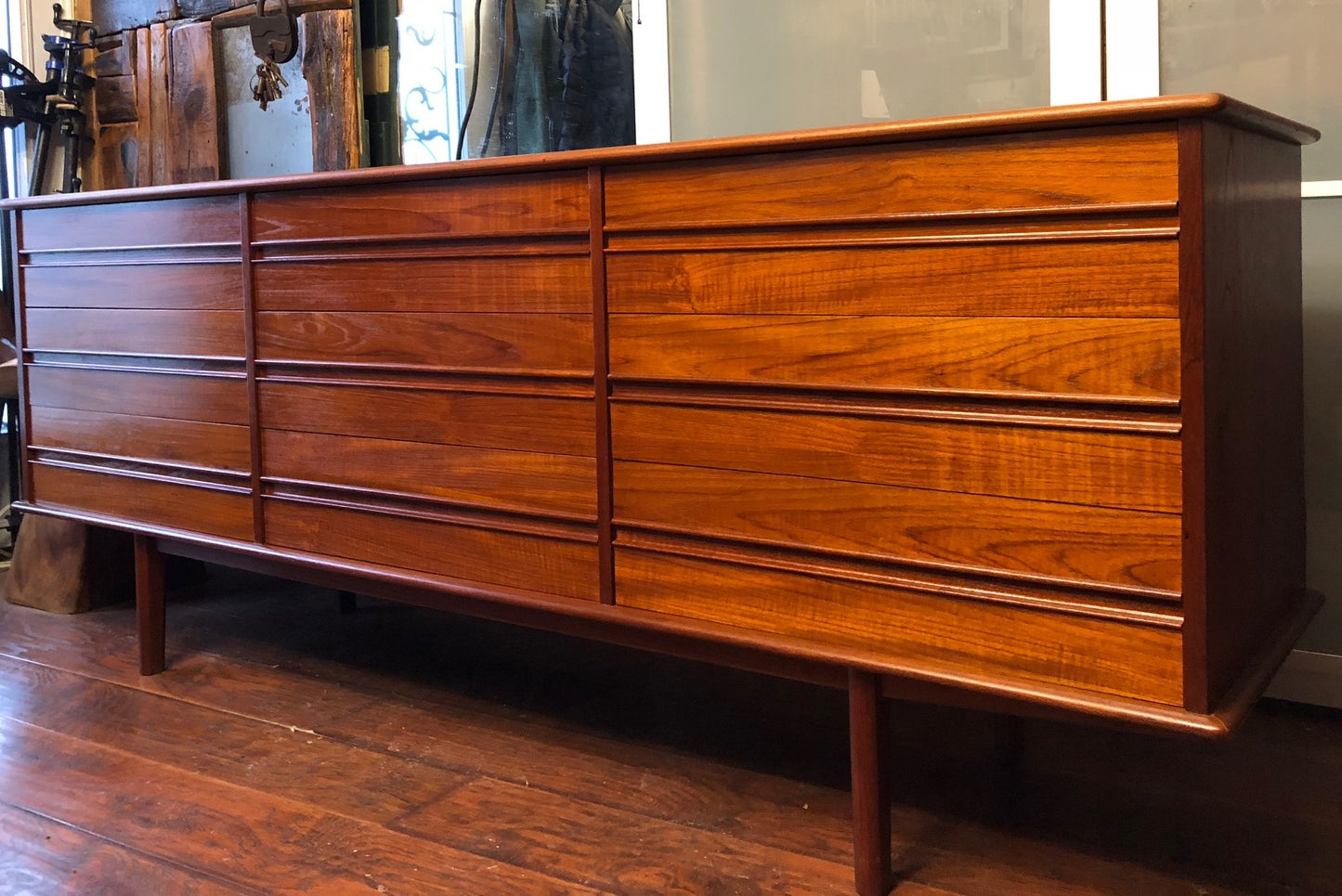 REFINISHED MCM Teak 9 Drawers Dresser 77". Matching Tallboy and Headboard coming - Mid Century Modern Toronto