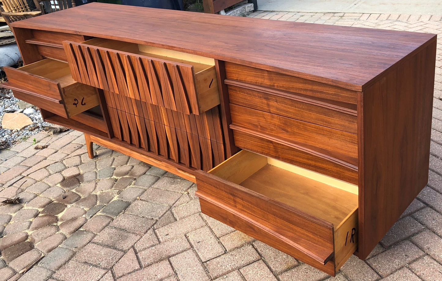 REFINISHED Sculptural MCM Walnut Dresser 9 drawers or Credenza 7ft perfect - Mid Century Modern Toronto