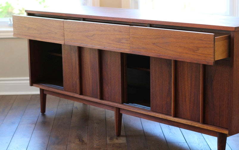 REFINISHED MCM Walnut Sideboard w Sliding Doors 74" - Mid Century Modern Toronto