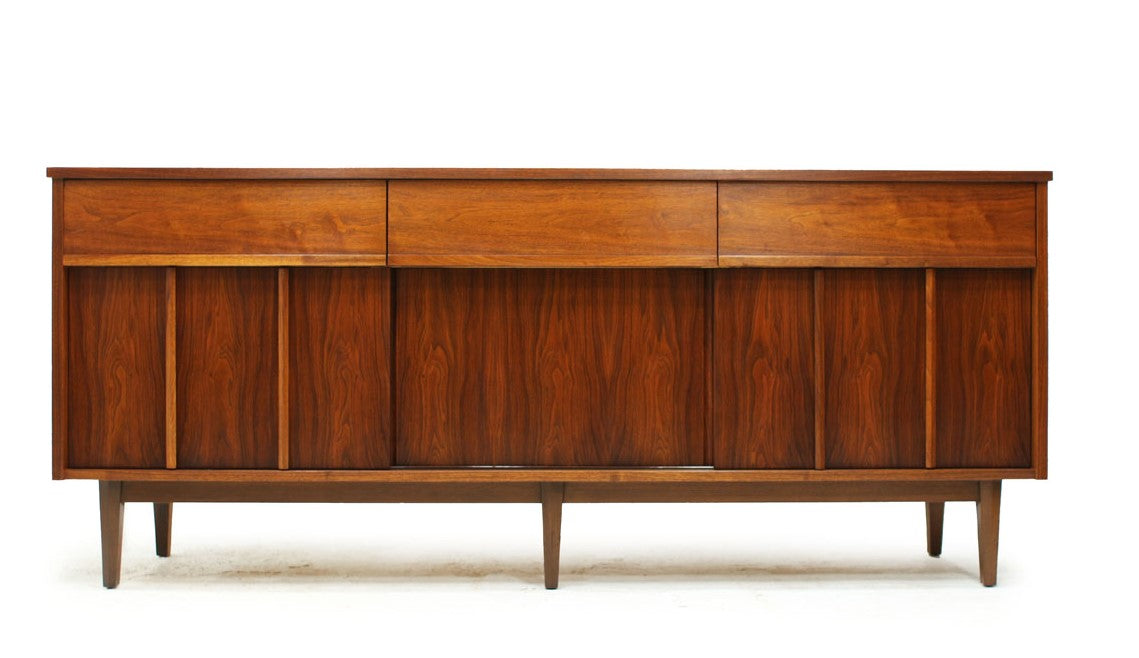 REFINISHED MCM Walnut Sideboard w Sliding Doors 74" - Mid Century Modern Toronto