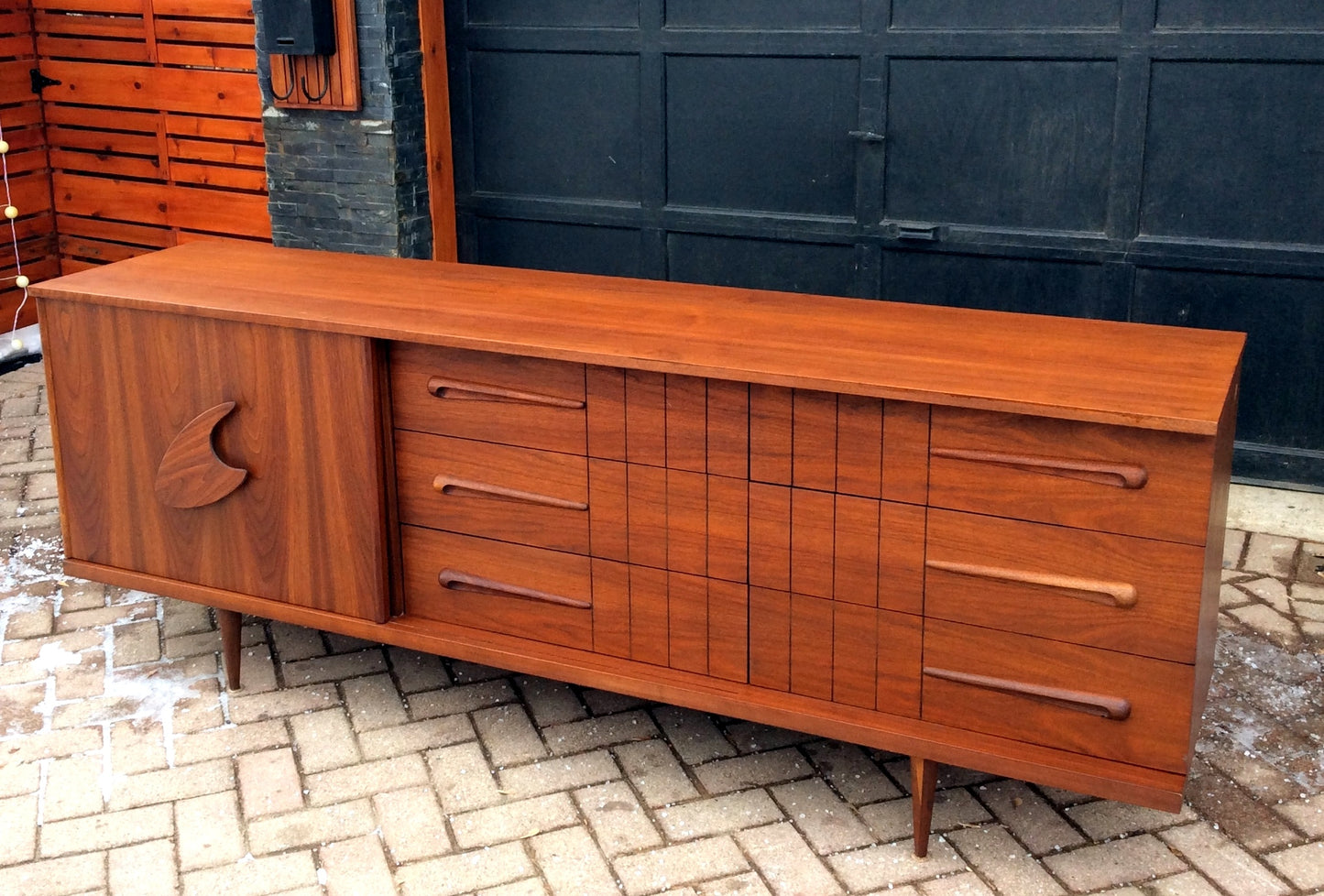 REFINISHED Mid Century Modern Teak or Walnut 9 Drawer Dresser Credenza Sideboard 3-Dimensional 7 ft - Mid Century Modern Toronto