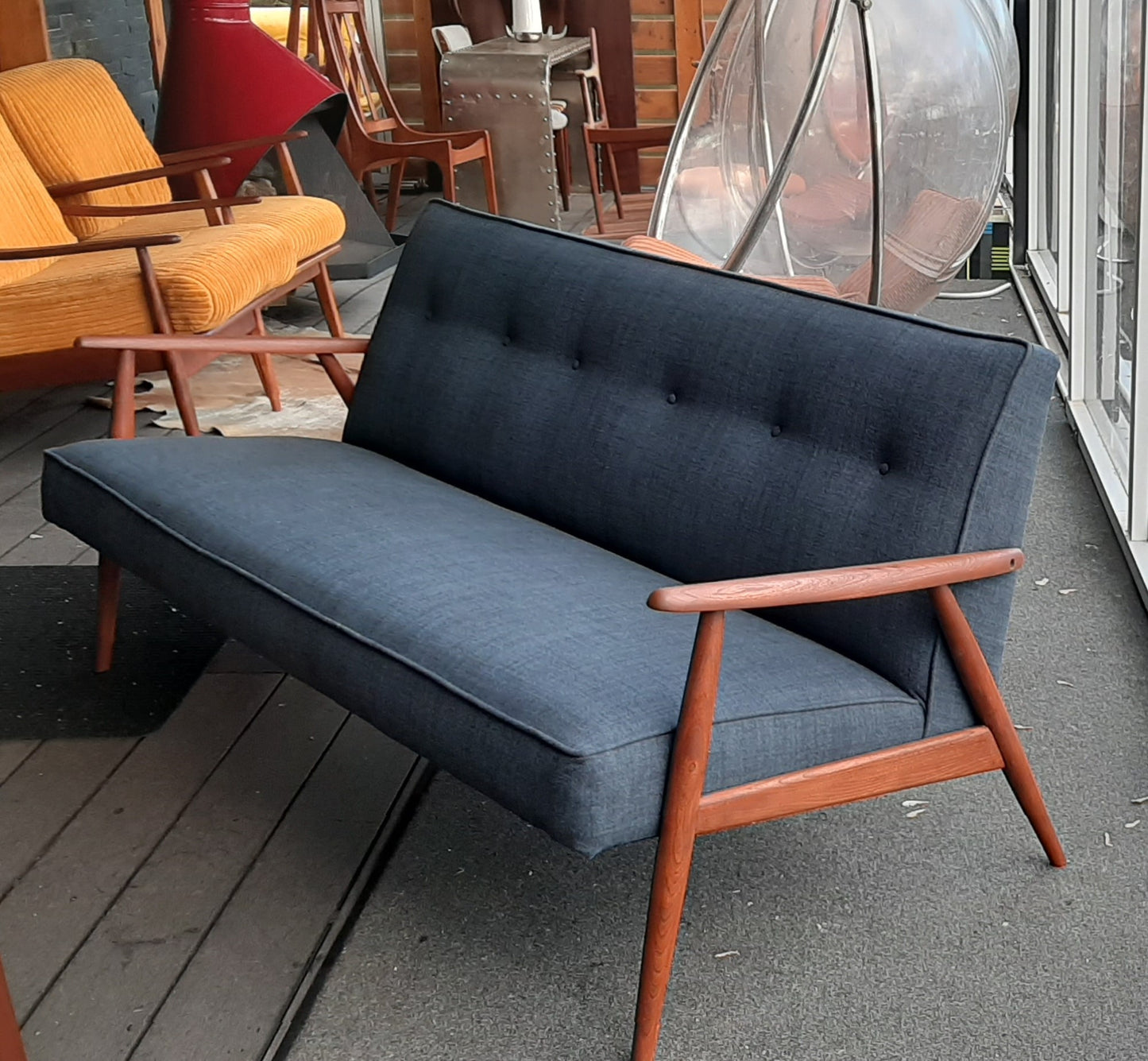 REFINISHED MID Century Modern 3-Seater Sofa w NEW navy/grey wool upholstery, PERFECT - Mid Century Modern Toronto