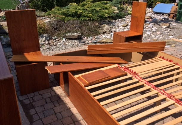 Teak MCM Queen Bedroom Set, made in Sweden, Restored, like New (platform bed, nightstands, his and her dressers) - Mid Century Modern Toronto