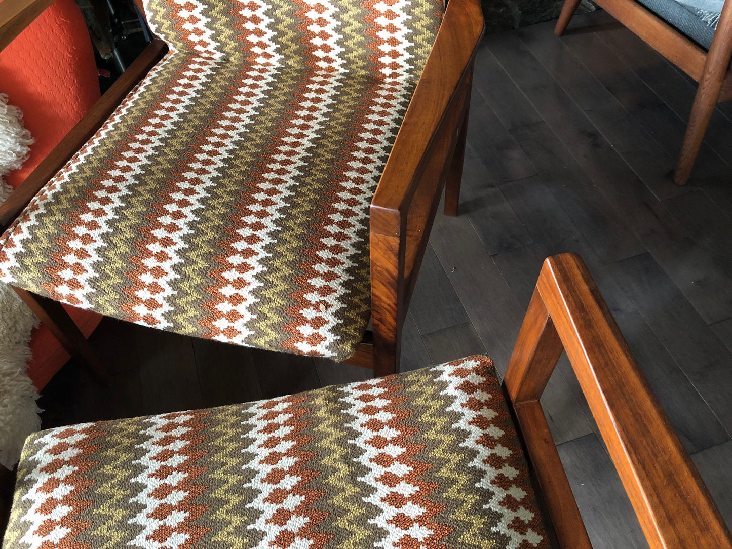 A Pair of REFINISHED REUPHOLSTERED MCM Walnut Armchairs by Walter Nugent, each $499 - Mid Century Modern Toronto