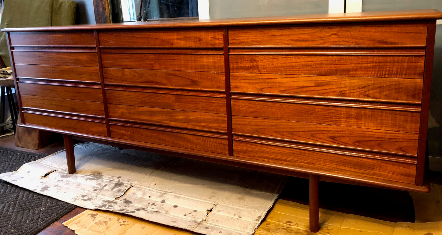 REFINISHED MCM Teak 9 Drawers Dresser 77". Matching Tallboy and Headboard coming - Mid Century Modern Toronto